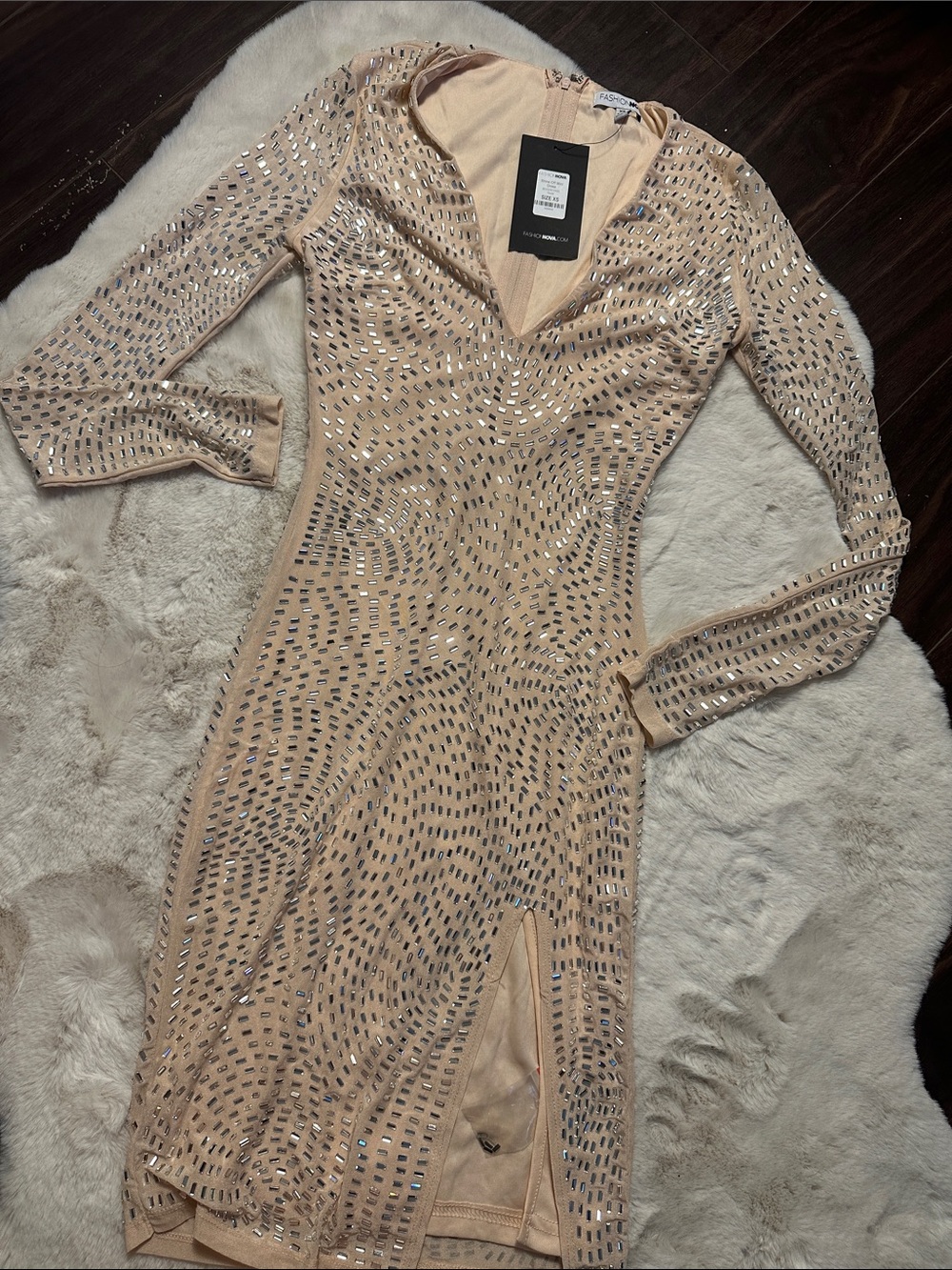 Fashion Nova Nude Long-Sleeve Sequin Bodycon Dress